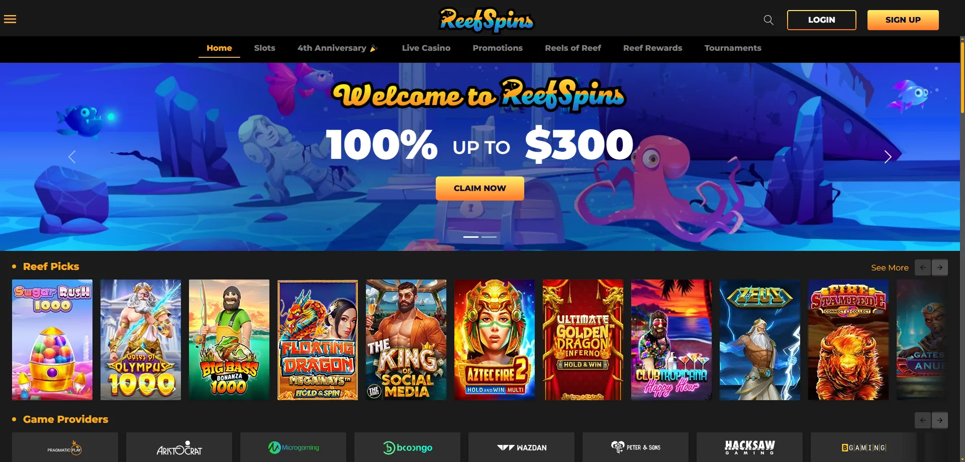 ReefSpins Casino game lobby — slots, tables, and live dealer games
