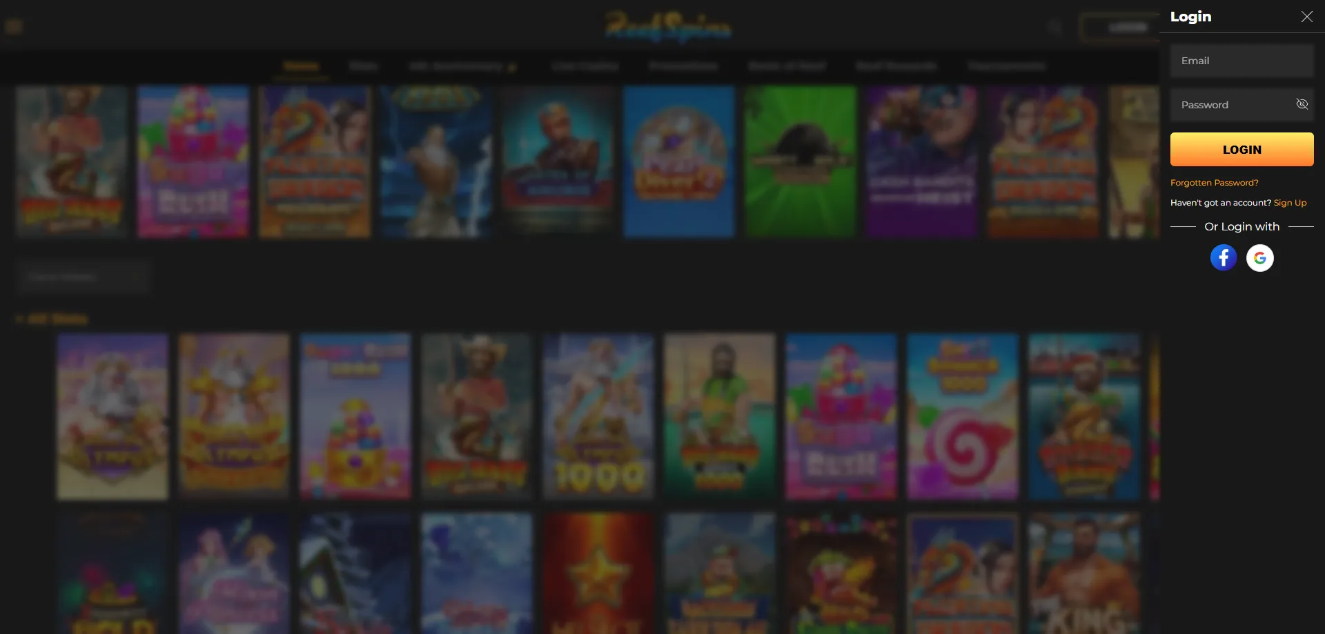 ReefSpins Casino account login and promo code entry screen