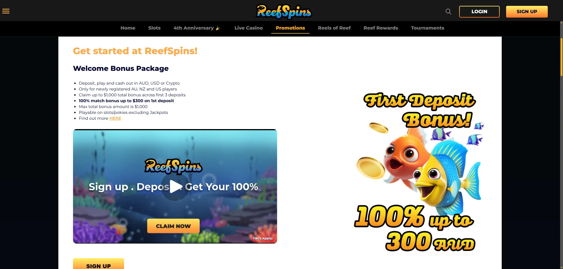 ReefSpins Casino welcome bonus package up to $1000 with free spins
