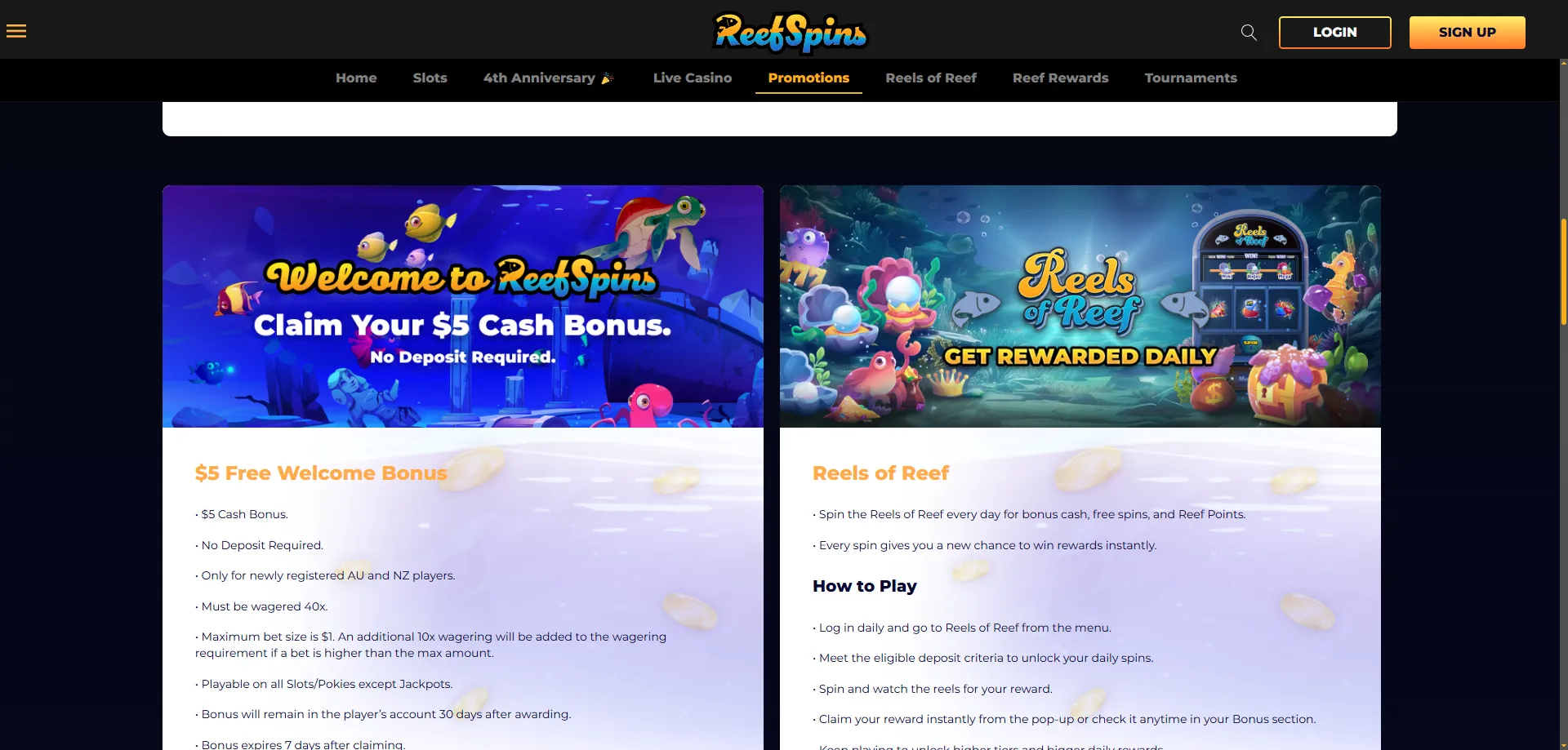 ReefSpins Casino no deposit bonus — 30 free spins and $3 cash
